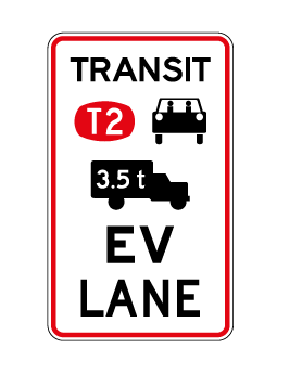 Traffic sign which says transit T2 with car symbol and a 3.5t truck symbol and says EV lane underneath and it has red border