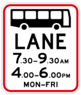 Traffic sign which displays a bus symbol and a word lane with days and times underneath