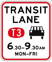 Traffic sign which says transit lane T3 with a car symbol and 6.30-9.30am monday to friday underneath