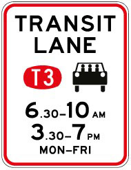 Traffic sign which says transit lane T3 with a car symbol and 6.30 to 10am 3.30 to 7pm monday to friday
