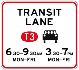 Transit lane sign with T3 and a car symbol and two periods different days horizontally displayed