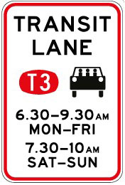 Transit lane sign with T3 and a car symbol and two periods different days vertically displayed