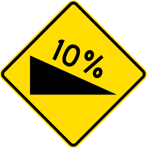 Traffic sign which shows a downhill symbol with 10% written on a yellow background plate.