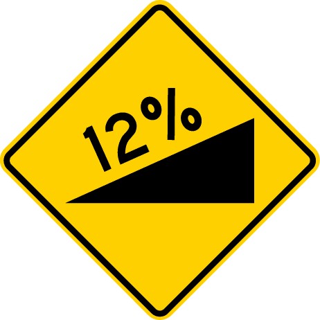 Traffic sign showing an uphill symbol and a 12% written on a yellow background plate