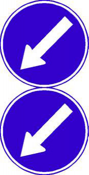 Traffic signs which displays white arrow diagonally pointing down left on a blue background of twin disc