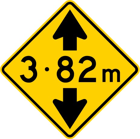 Hazard sign which display a number 3.82m in the middle of two arrows pointing up and down on a yellow diamond background
