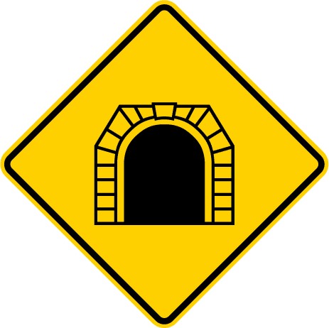 Tunnel sign which displays tunnel icon and it has yellow background diamond shaped plate with black border