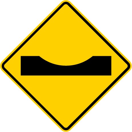 Traffic sign which displays sudden dip icon on diamond yellow background