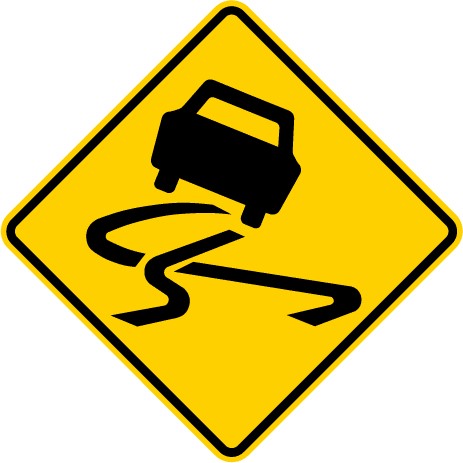 traffic sign which displays a car slipping icon on diamond shape yellow background