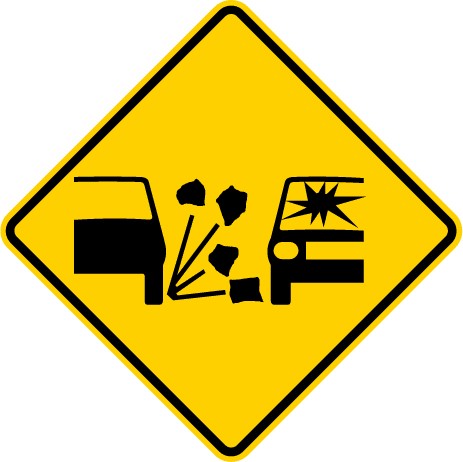 Traffic sign which displays 2 cars icons where one car is hitting the other with loose gravel