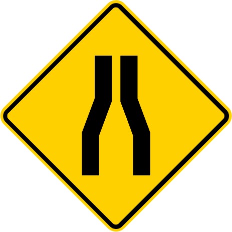 Traffic sign which display two vertically crooked lines getting narrow at the top and it has yellow background diamond shaped plate