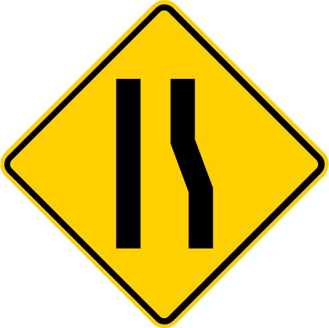 Traffic sign showing one straight line and on the right side is a crooked line getting narrow to the top and both aligned vertically on a yellow background