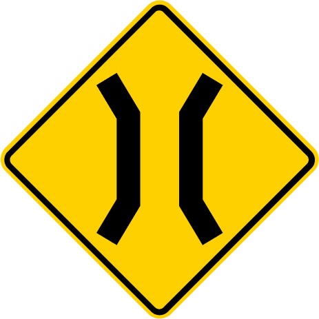 Traffic sign which displays a getting narrow bridge icon on a yellow background diamond shape with black details plate