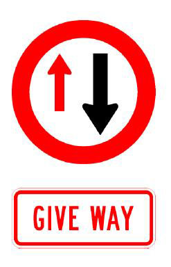 Traffic sign which displays one small red arrow pointing up, on the right side is a bigger black arrow pointing down both inside a red circular border and underneath it says give way in red bold letters