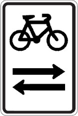 Contra-flow cycle sign with black cycle symbol and two horizontal arrows pointing at different directions underneath