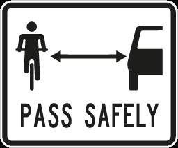 Cycle sign with a double headed arrow in between cyclist and car icon and the word pass safely underneath 