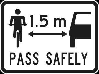 Cycle sign with a double headed arrow stating 1.5m in between the cyclist and car icon and the word pass safely underneath 