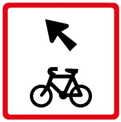 Traffic sign of a black diagonal arrow pointing up left and a cycle symbol underneath inside the red square border