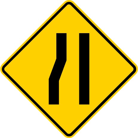 Traffic sign showing a crooked line getting narrow to the top and on the right side is a straight line and both aligned vertically on a yellow background