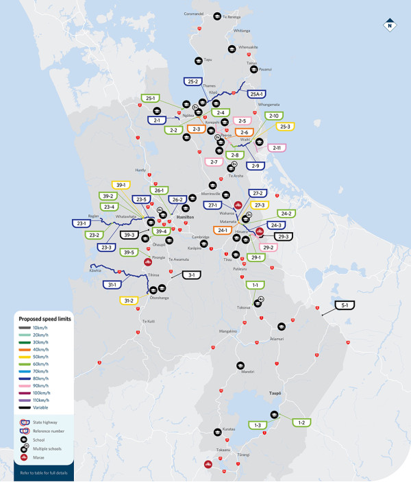 Map showing locations of proposed speed limit changes in Waikato
