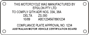 ADR plate example motorcycle only