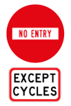 Red no entry sign and another white sign with the words except cycles
