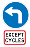 Blue sign with a white left arrow and another white sign with the words except cycles