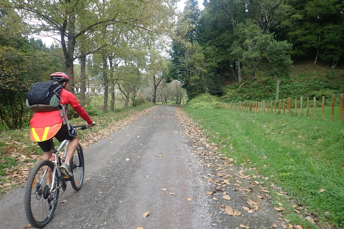 Cyclist with a red jacket and black bag on his back seen from behind as he cycles down an unsealed track.