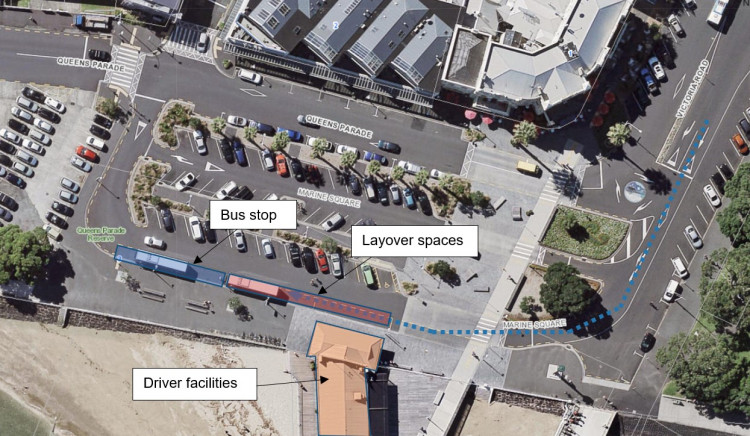 aerial view of a bus stop with parking spaces for buses