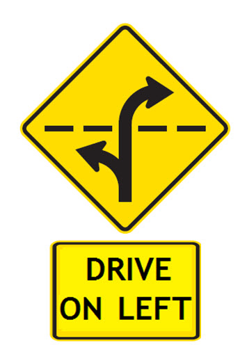 Drive on left when turning sign