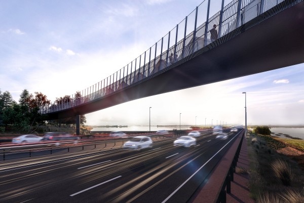 an artist impression of the curved $7m pedestrian bridge across the Southern Mot