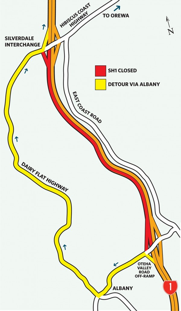 Map showing northbound lanes of SH1 are closed 
