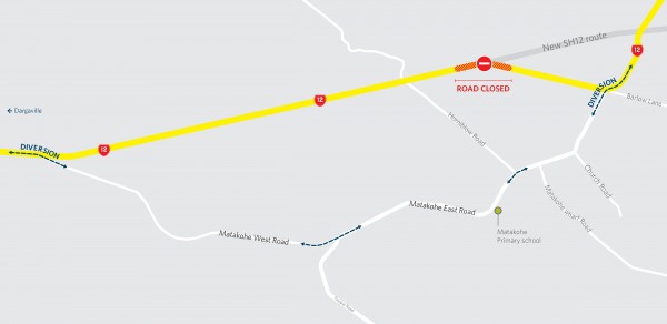 The map shows the second detour from SH12 along Matakohe East Road and 