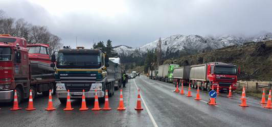 Trucks parked up at the Hanmer Springs turnoff for the Lewis Pass today.