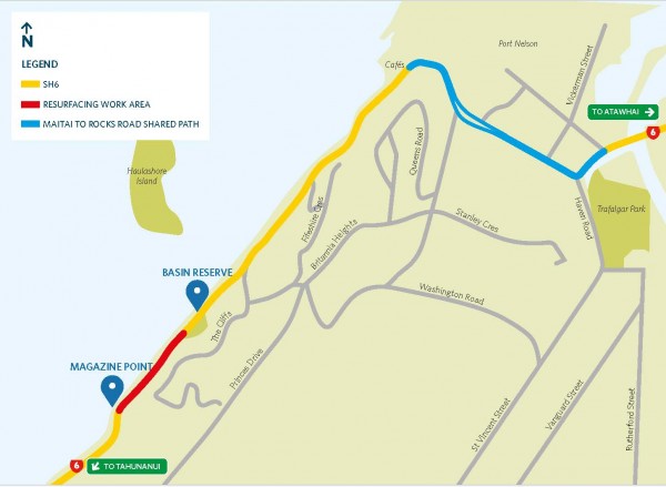 Map of Maitai to Rocks Road shared path and highway resurfacing