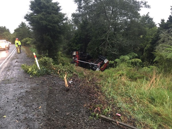 The logging truck that’s run off the road on SH25 just west of Titoki