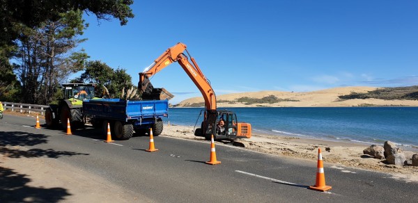 Work is under way to repair the seawall at Opononi on SH12