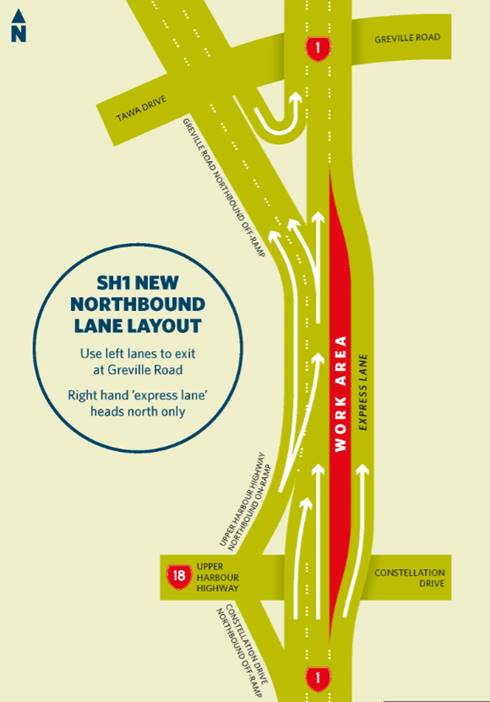 Map depicting the new Northbound lane layout