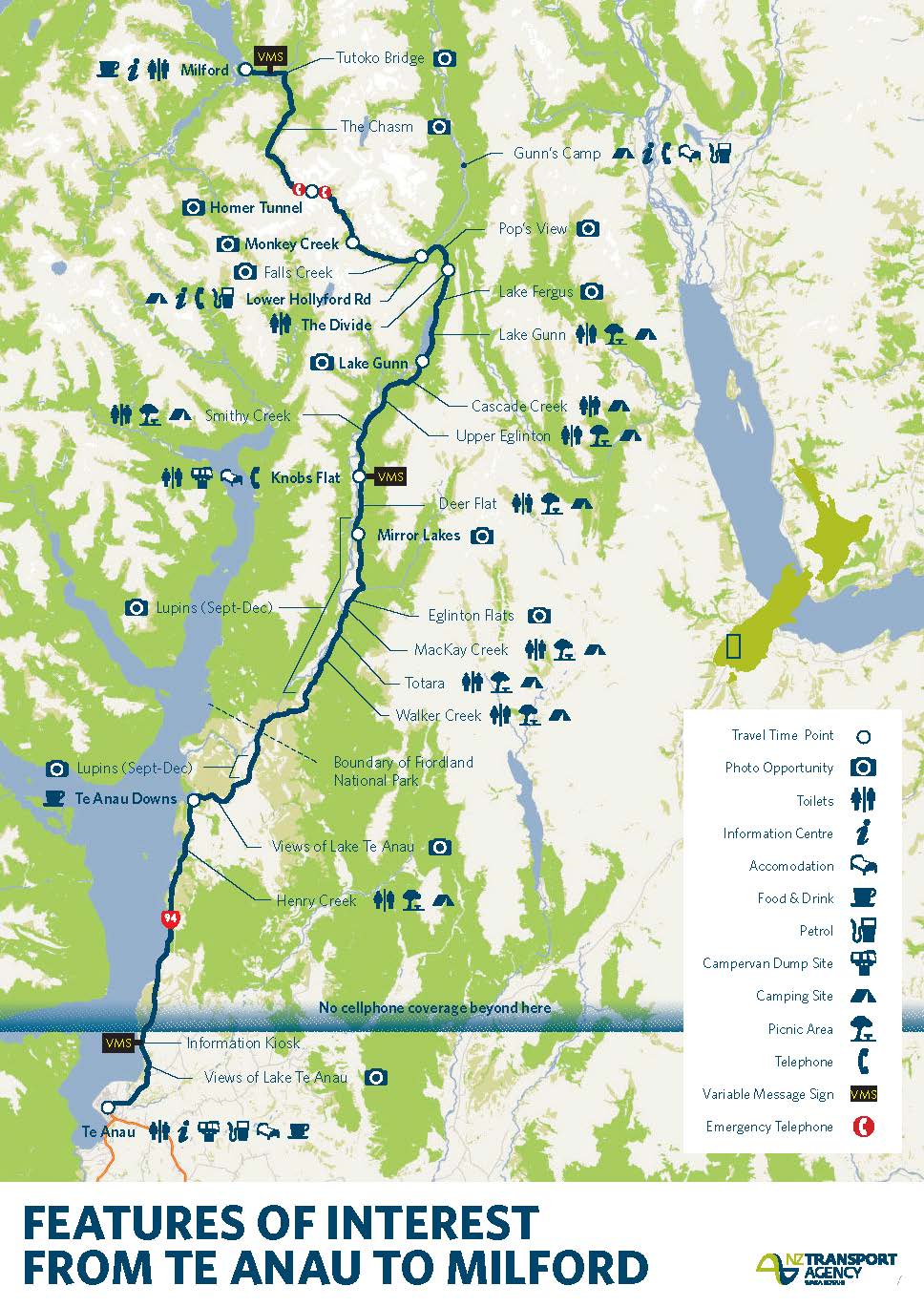 Map showing features of interest from Te Anau to Milford for tourists