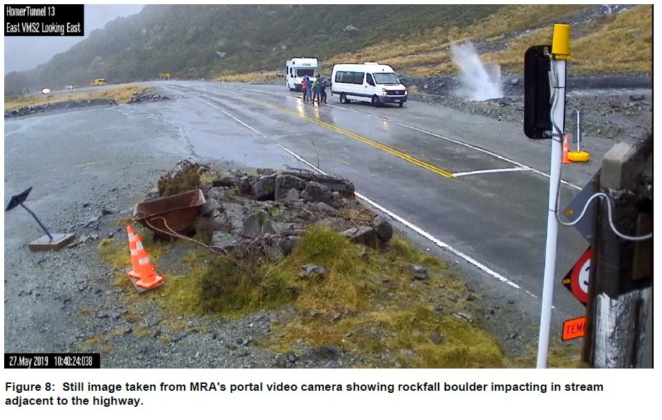 Still image from a video camera showing rockfall boulder impacting a stream next to the highway
