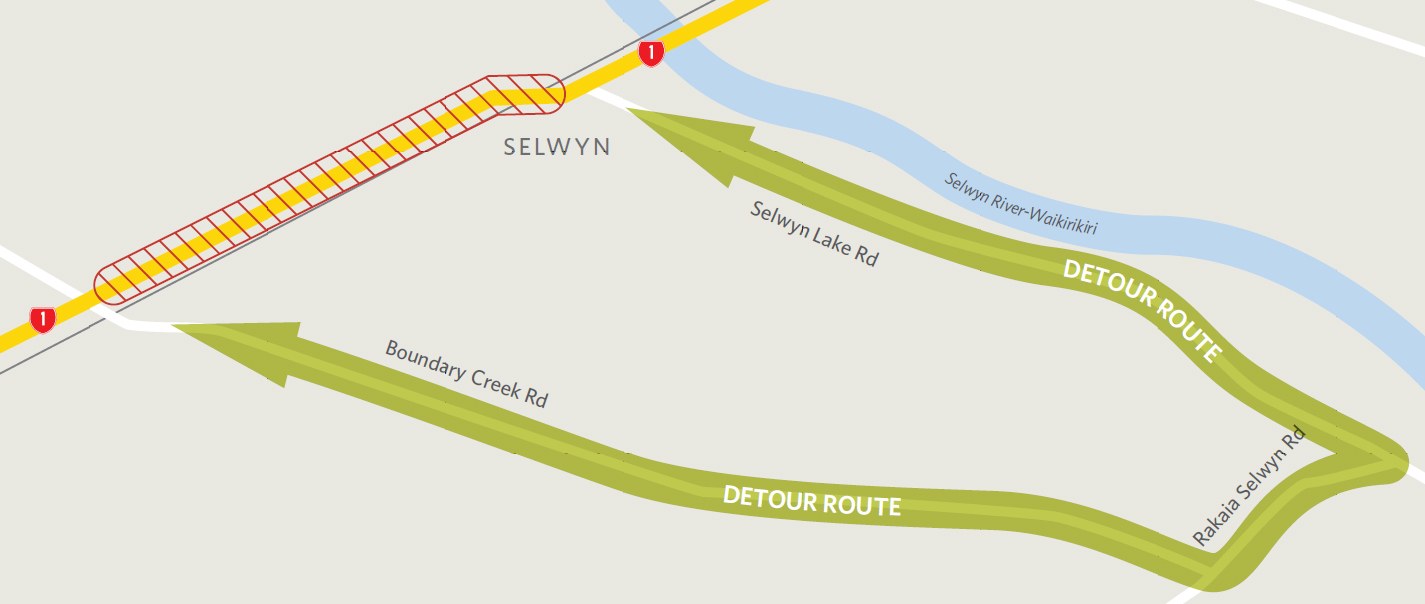 SH1 Selwyn River-Waikirikiri detour map