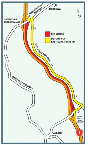 Illustrated map showing the detour route on State Highway 1 north of Auckland between Oteha Valley Road on-ramp and the Silverdale Interchange