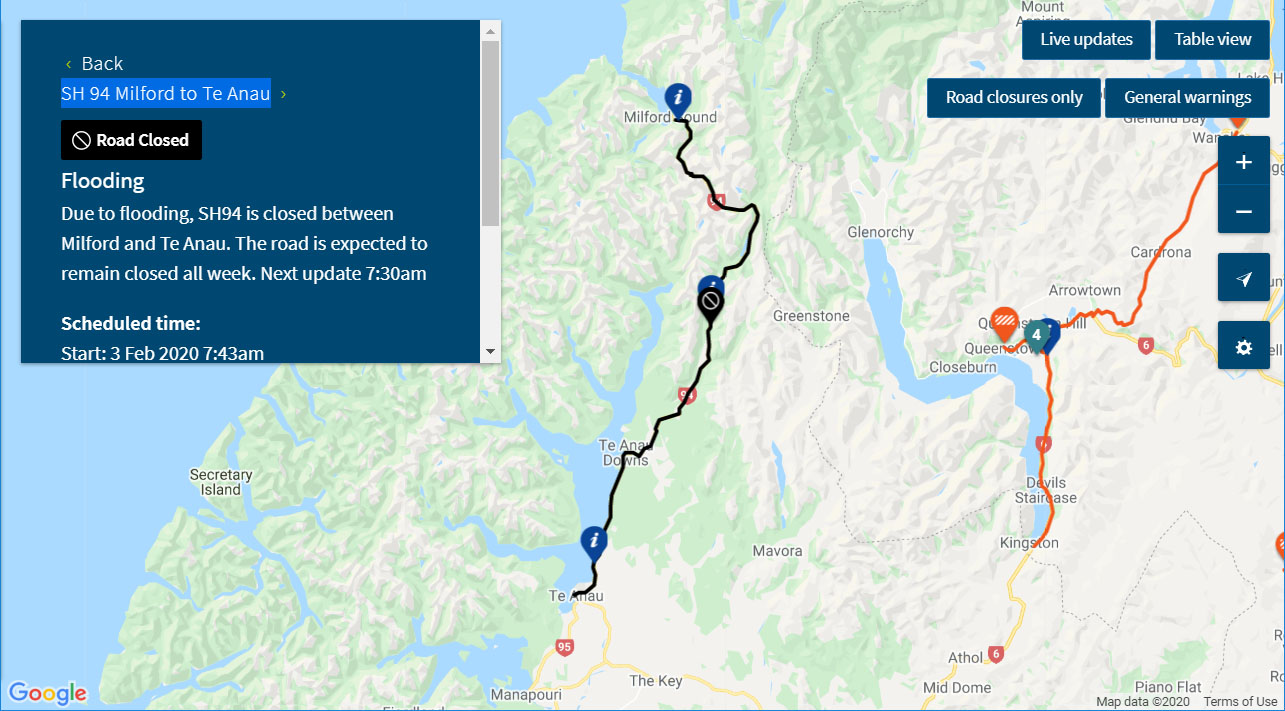 Map showing road closure between Te Anau and Milford Sound