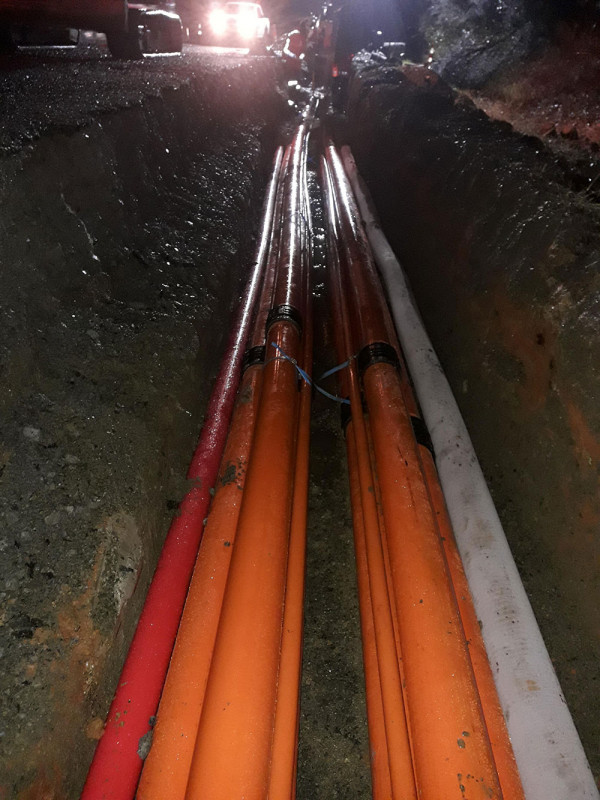 The newly-installed cable ducts with a sub-soil drain to help remove water from the trench so it doesn’t affect the current/thermal resistance of the cables.