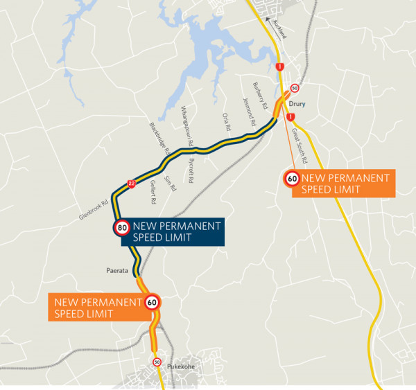 Map showing the new permanent speed limits for SH22 Drury to Paerata