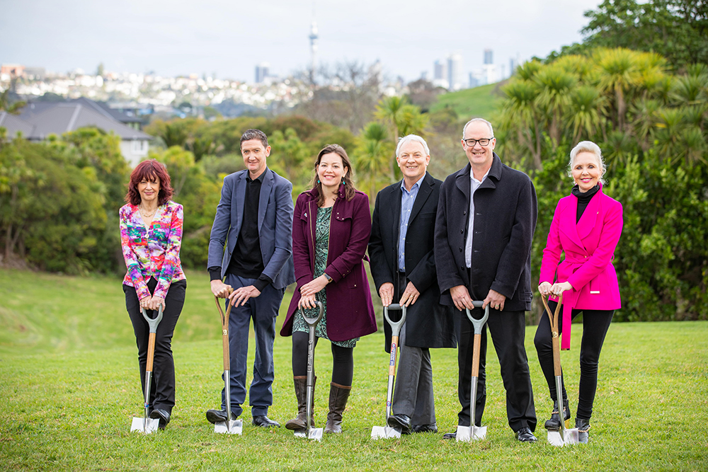 Leading the sod turning of Section 2 of the Glen Innes to Tamaki Drive shared path (from left) Waka Kotahi Senior Manager System Design, Robyn Elston; Ngāti Whātua Ōrākei, Clay Hawke; Associate Transport Minister, Julie Anne Genter; Auckland Mayor, Phil Goff; Transport Minister Phil Twyford; Auckland Councillor, Desley Simpson.