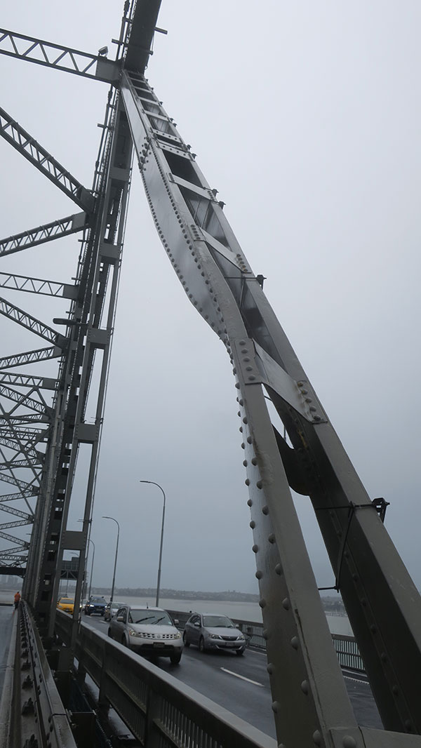 The bridge strut bent out of shape after being hit by a truck on the Auckland Harbour Bridge