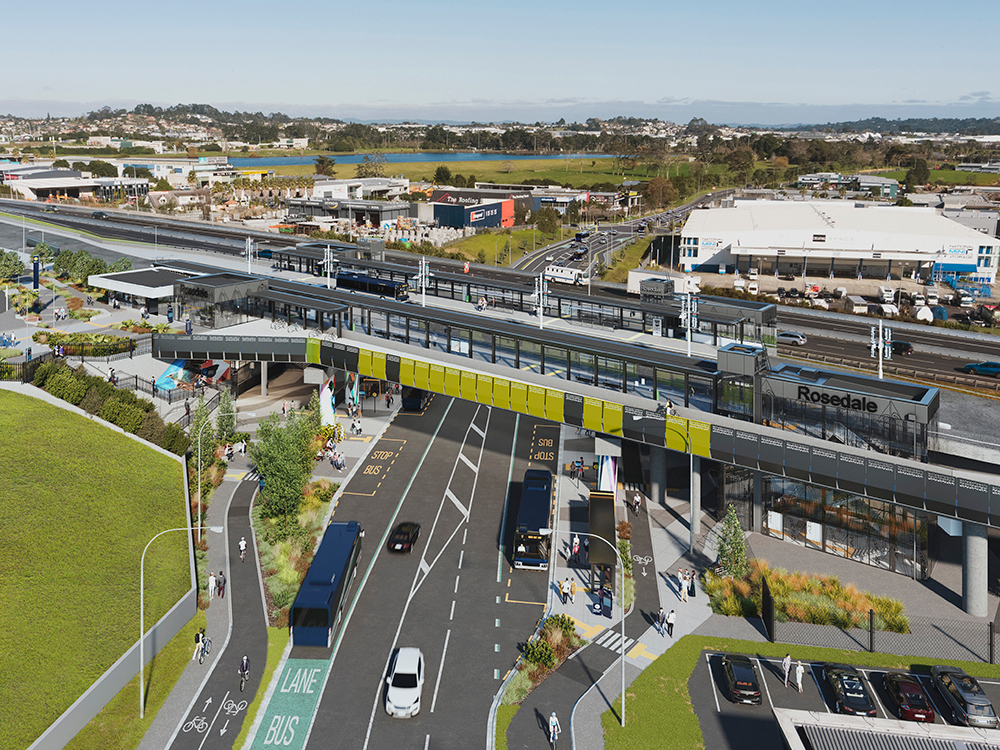 An artist’s impression of the planned station to be built on the Northern Busway at Rosedale on the North Shore 