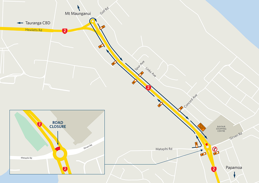Map showing detour route and road closures at the Bayfair roundabout 