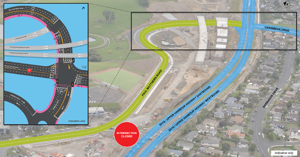 Map showing changes to SH18 Paul Matthews Road and the Caribbean Drive intersection